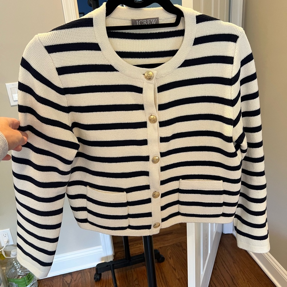 J. Crew Navy and White Striped Cardigan Sz small